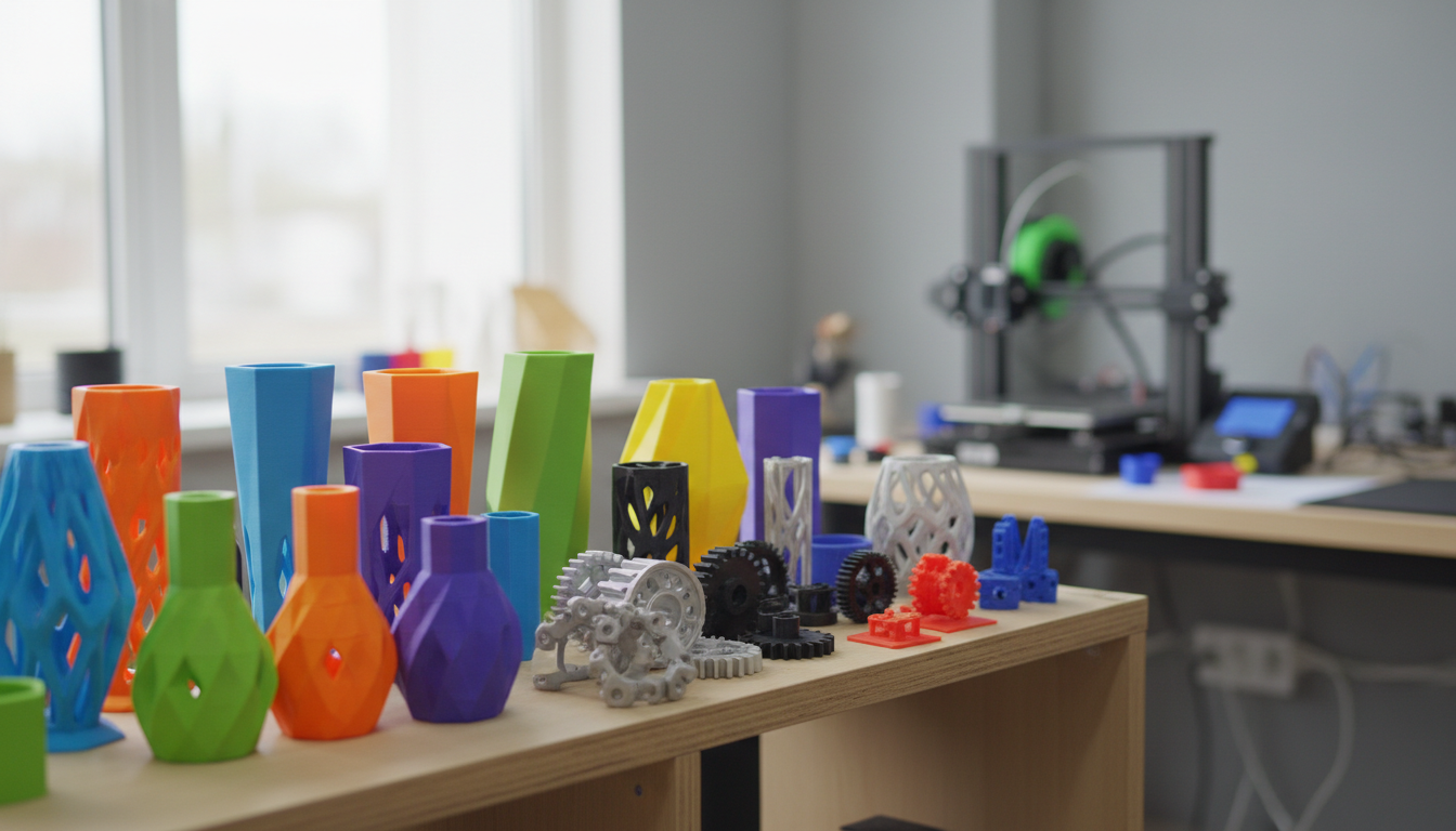 Shelf of colorful 3D printed objects